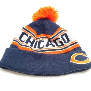 Chicago Bears Knit Winter Hat Blue White & Orange With Logo Beanie With Pom